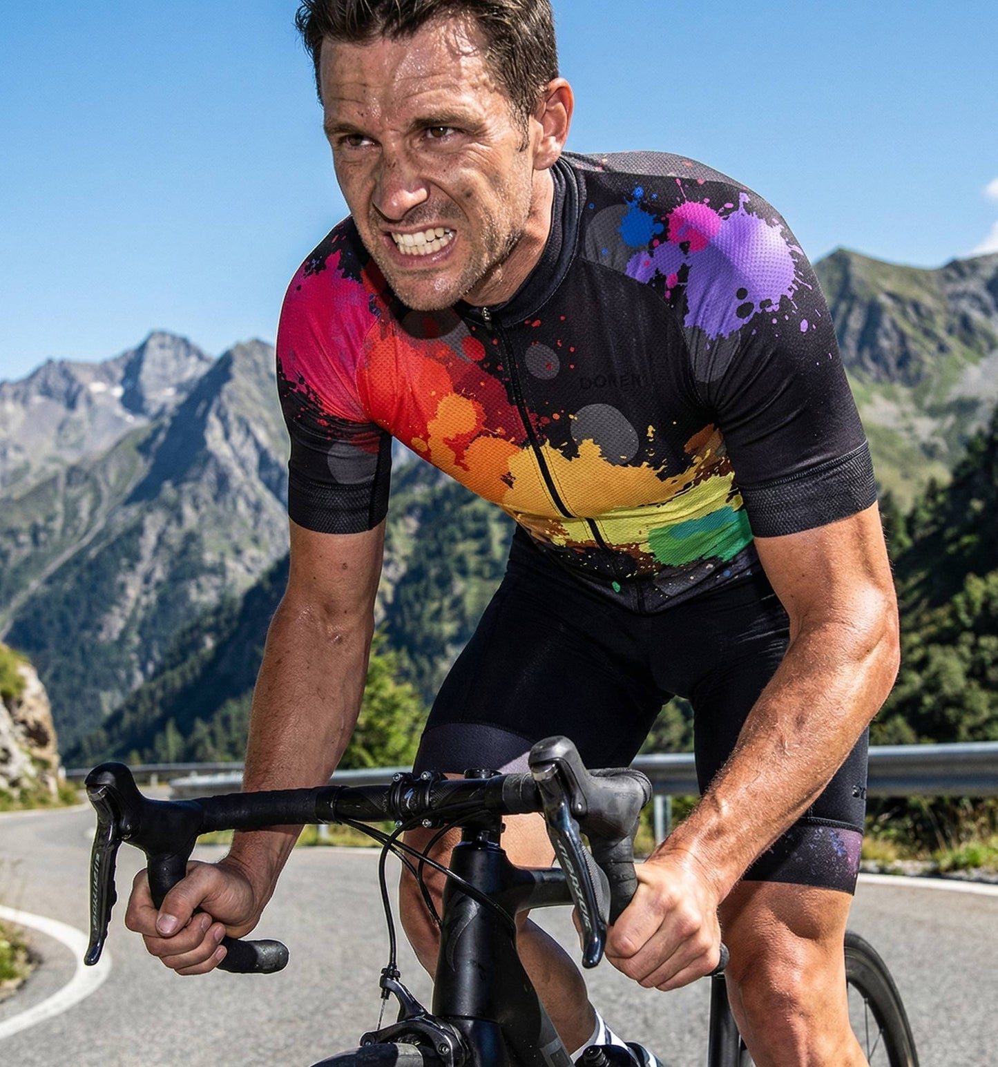 Camisa Ciclismo Masculina DONEN Splash Colorido Manga Curta Preta