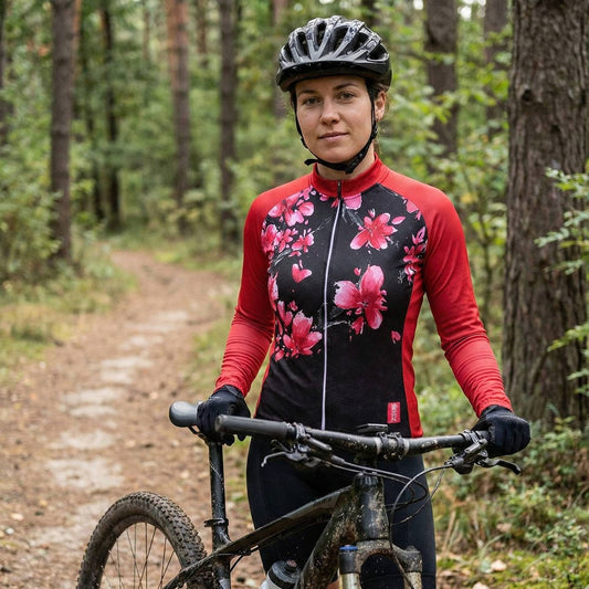 Camisa Ciclismo Feminina Manga Longa Floral Cerejeira - Preto e Vermelho