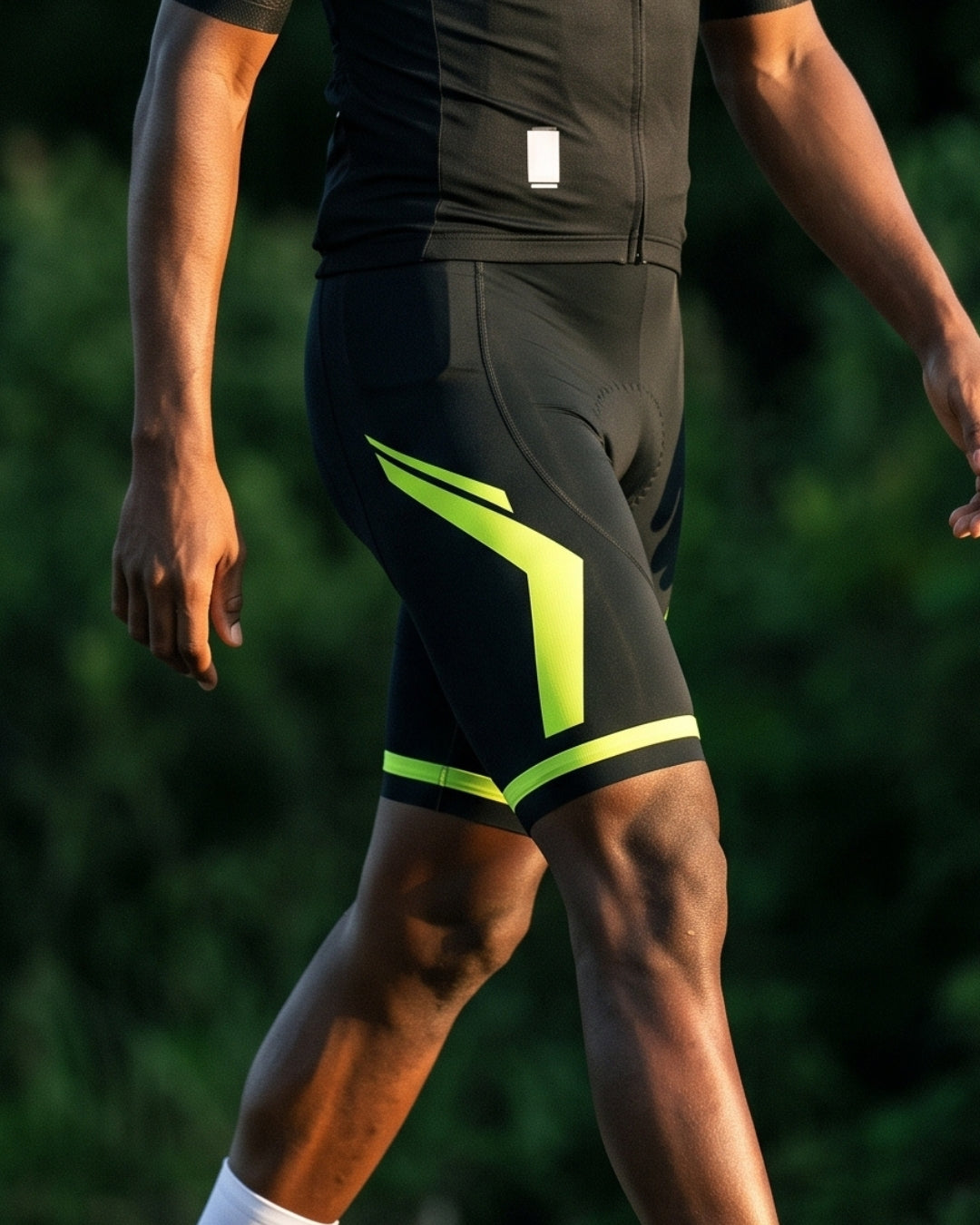 Short de Ciclismo 9D Gel Preto e Verde Lima em uso